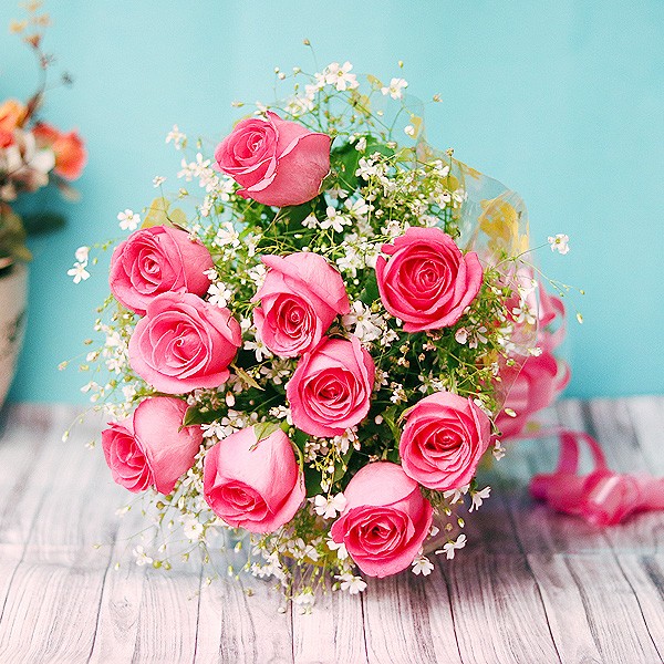 10 Pink Roses Flower Bouquet